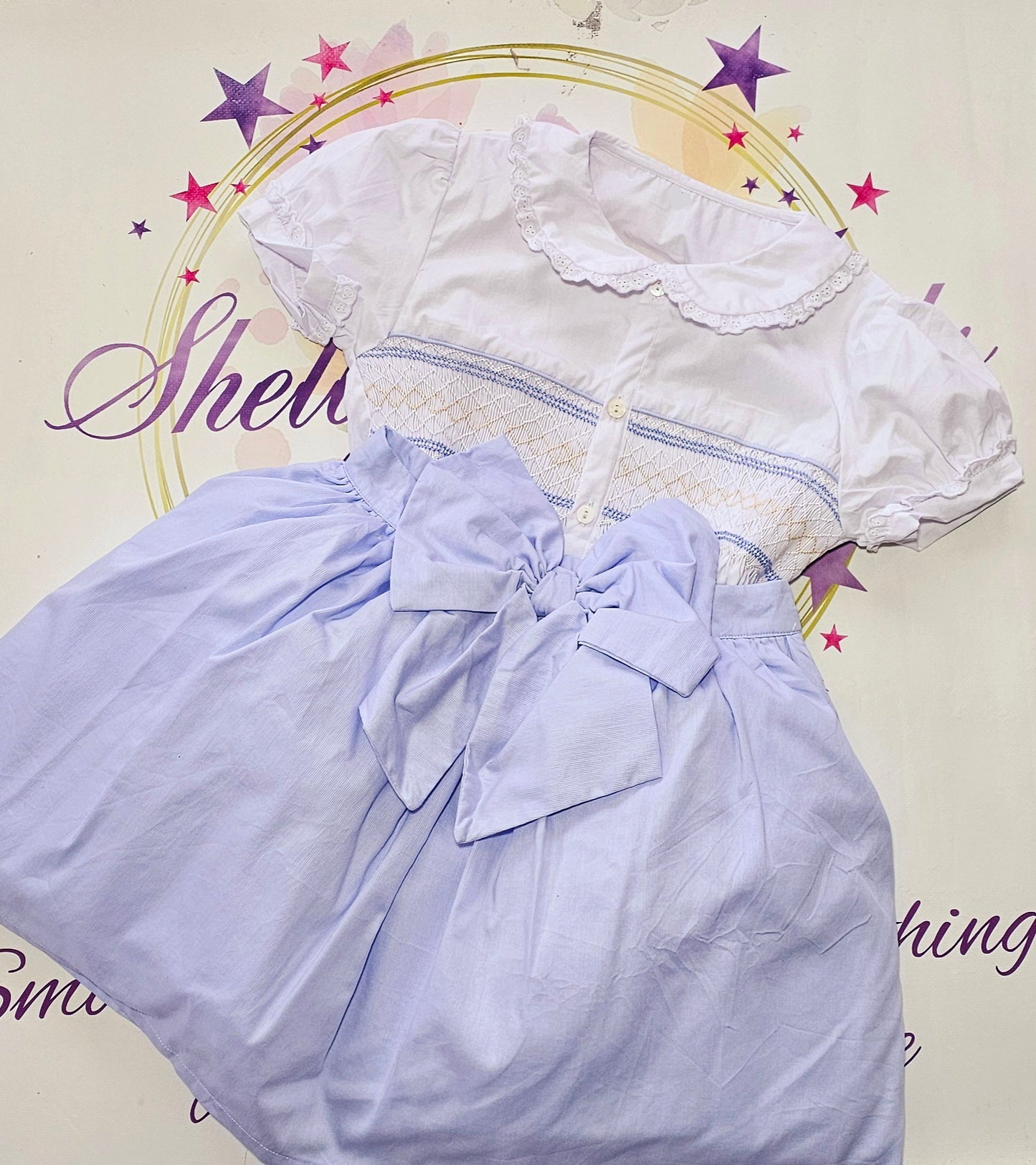 White & Baby Blue Smock Skirt Set MADE TO ORDER