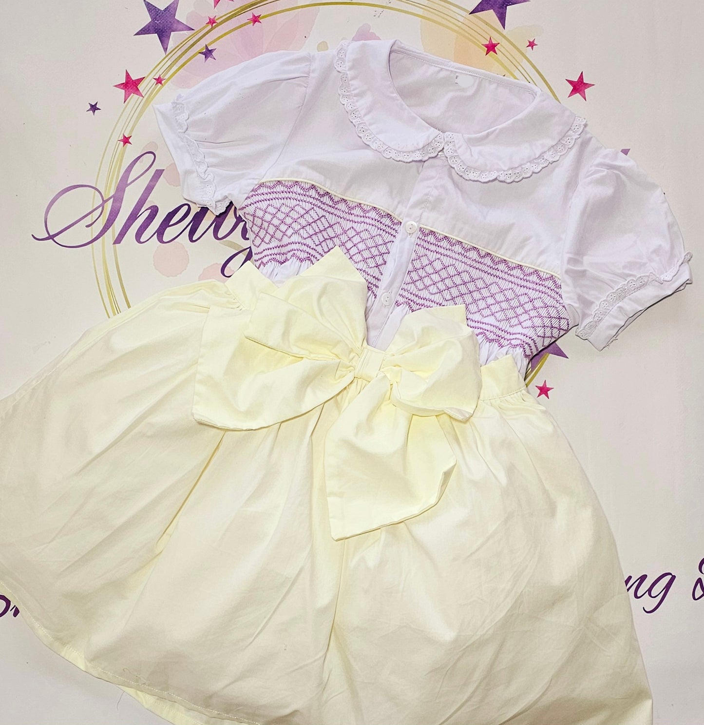 Cream & Lilac Smock Skirt Set MADE TO ORDER