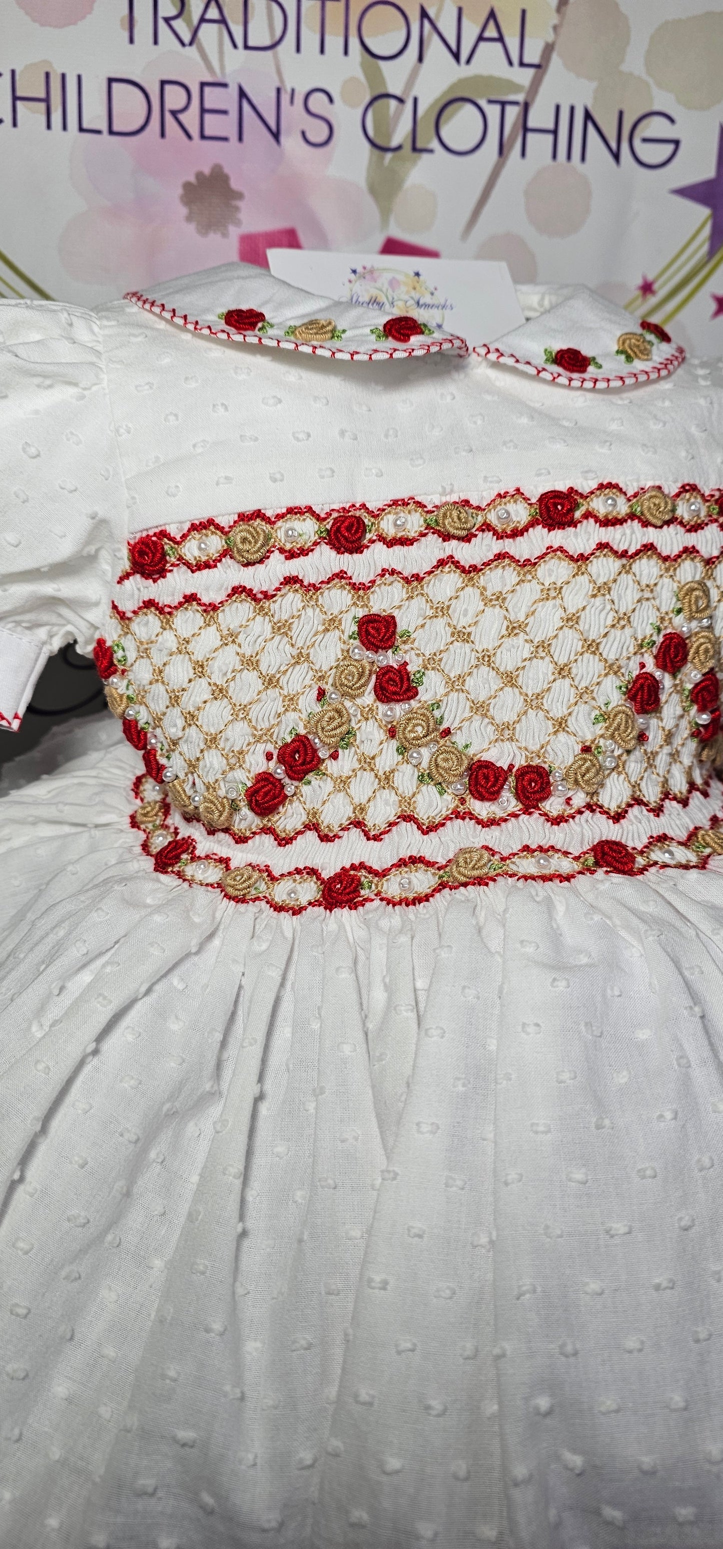 Red & Gold Garland Smock DRESS LAST 1 AGE 3M