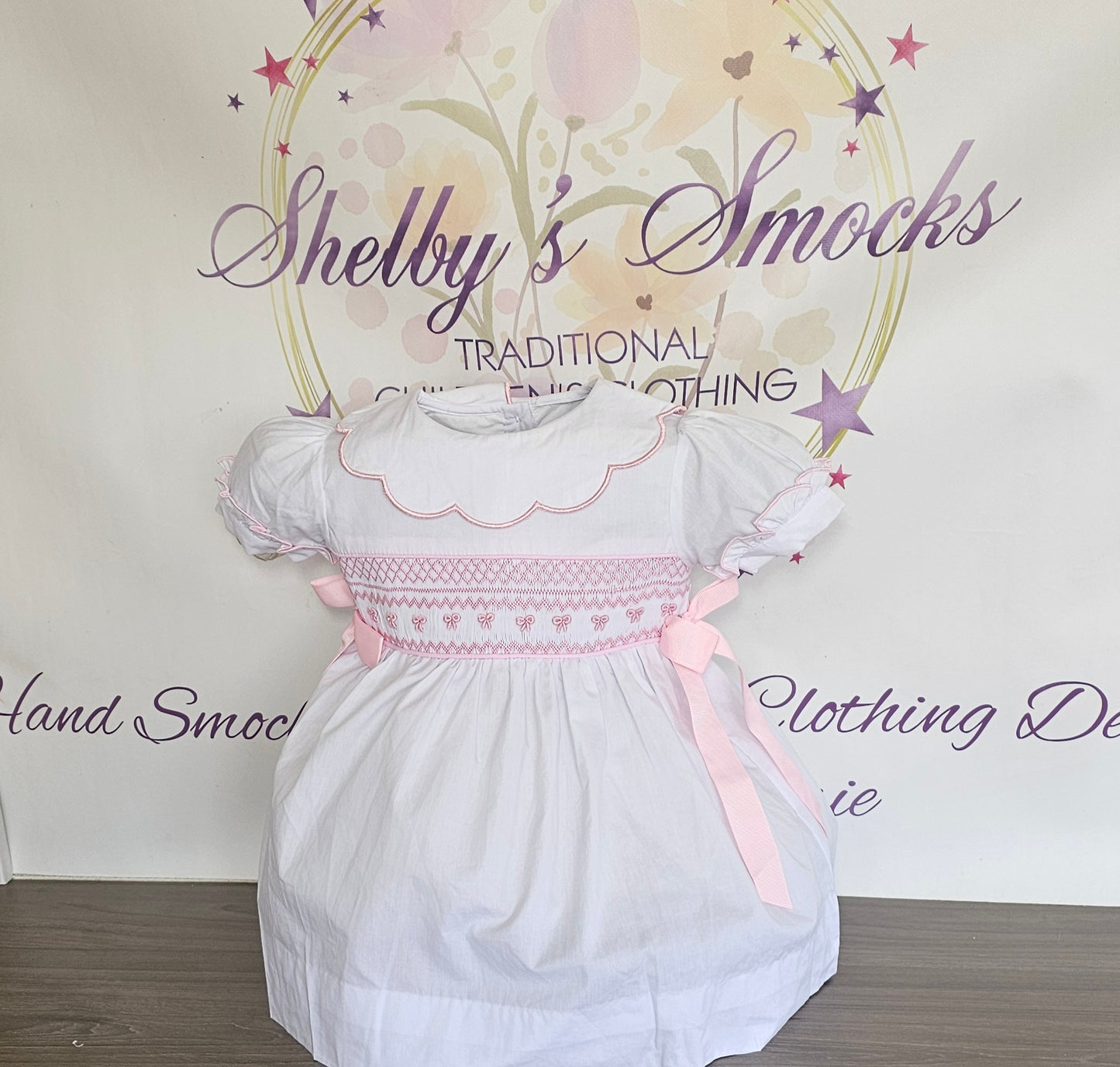 White & Pink Bows Smock Dress