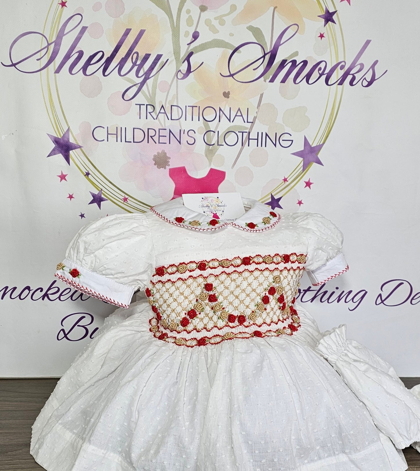 Red & Gold Garland Smock DRESS LAST 1 AGE 3M