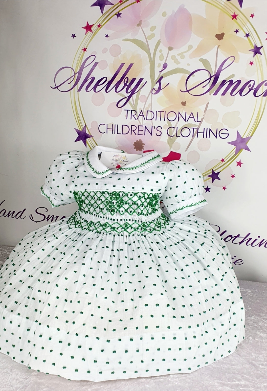 White & Green swiss dot  smock dress MADE TO ORDER