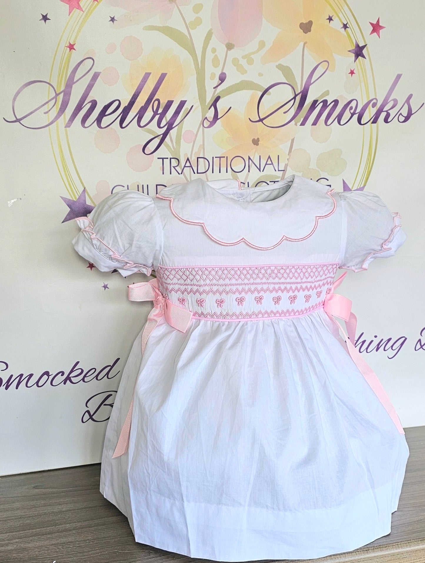 White & Pink Bows Smock Dress