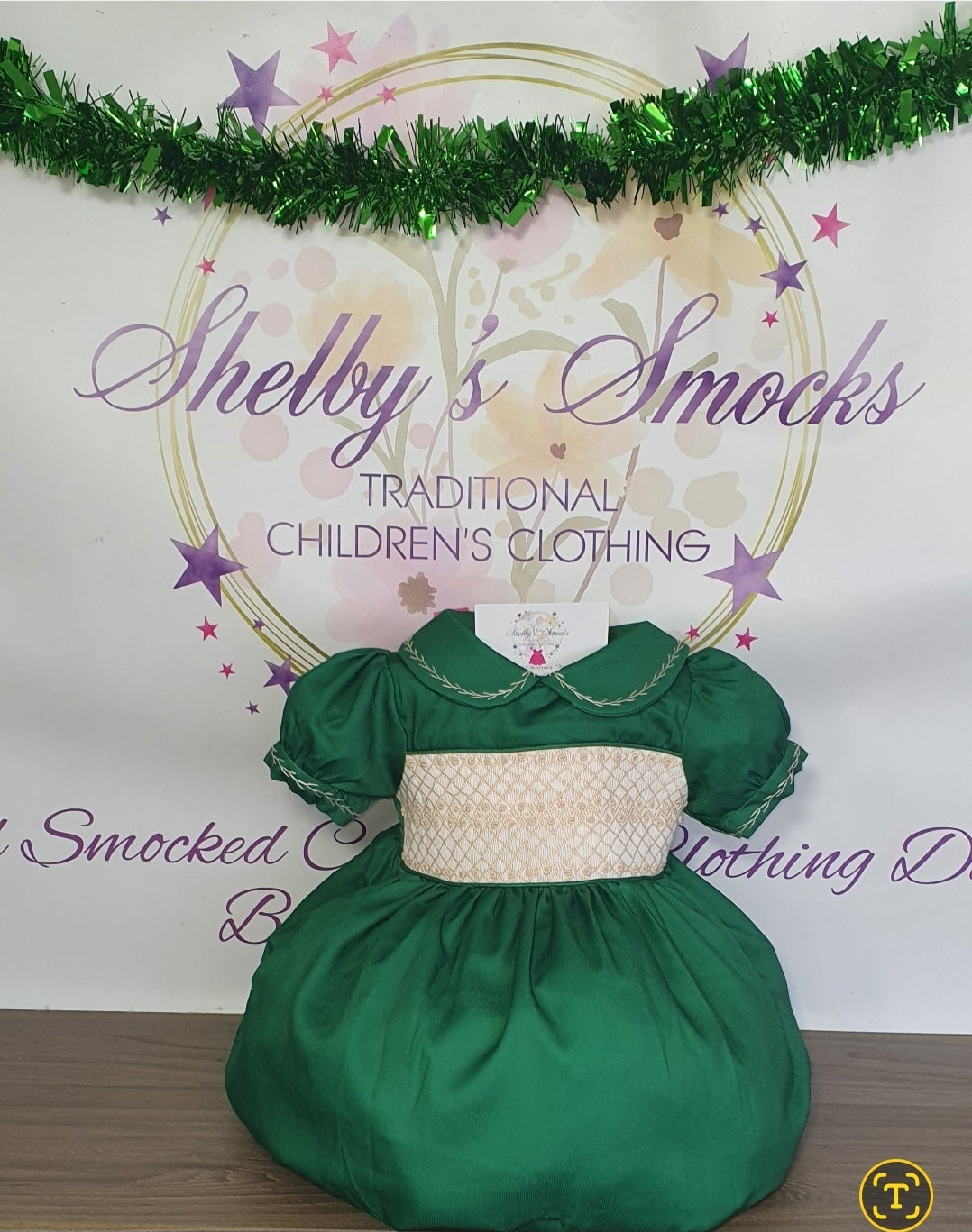 Green & Cream Cotton smock dress MADE TO ORDER