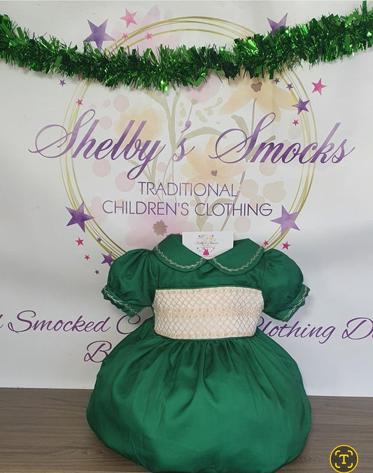 Green & Cream Cotton smock dress MADE TO ORDER