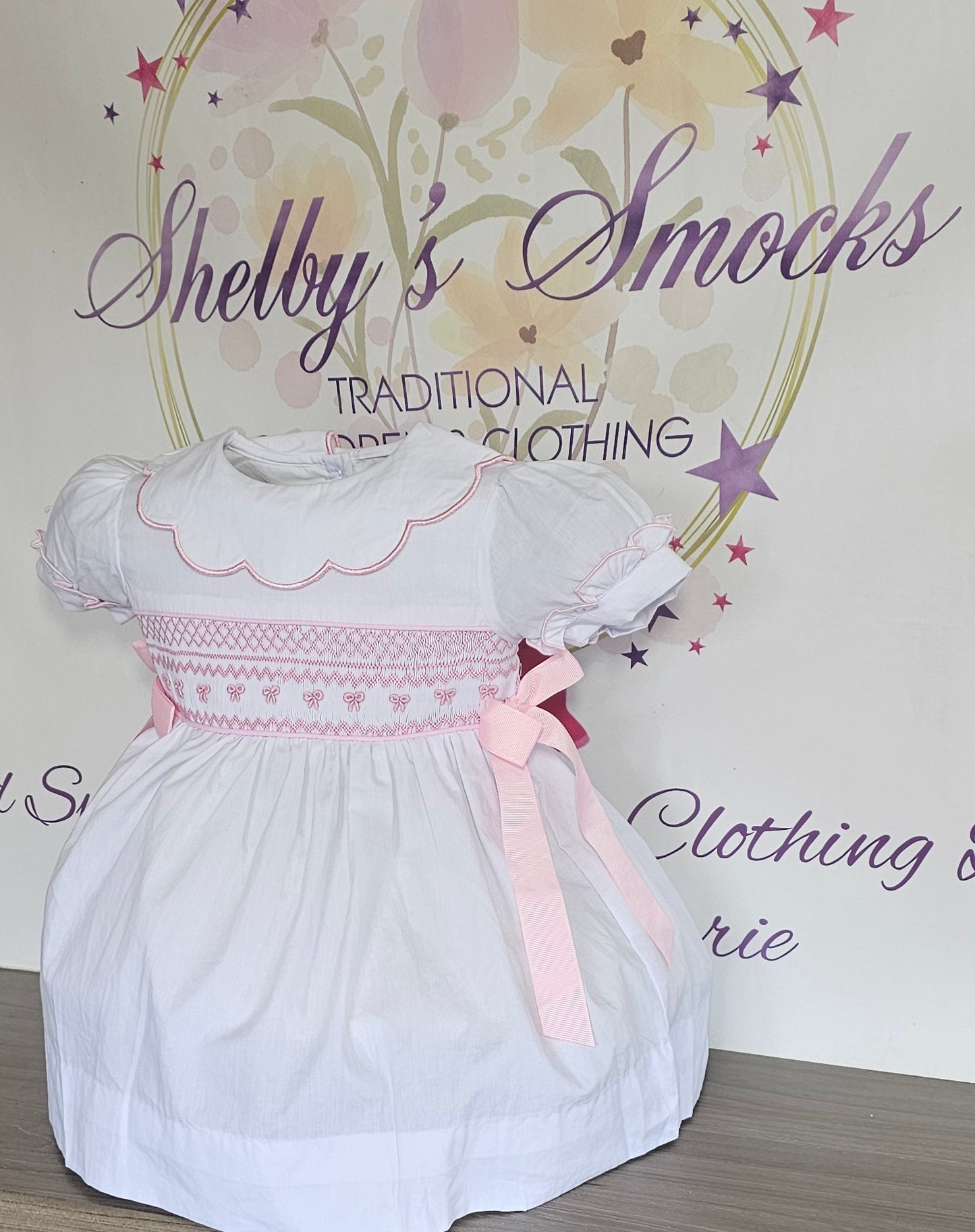White & Pink Bows Smock Dress